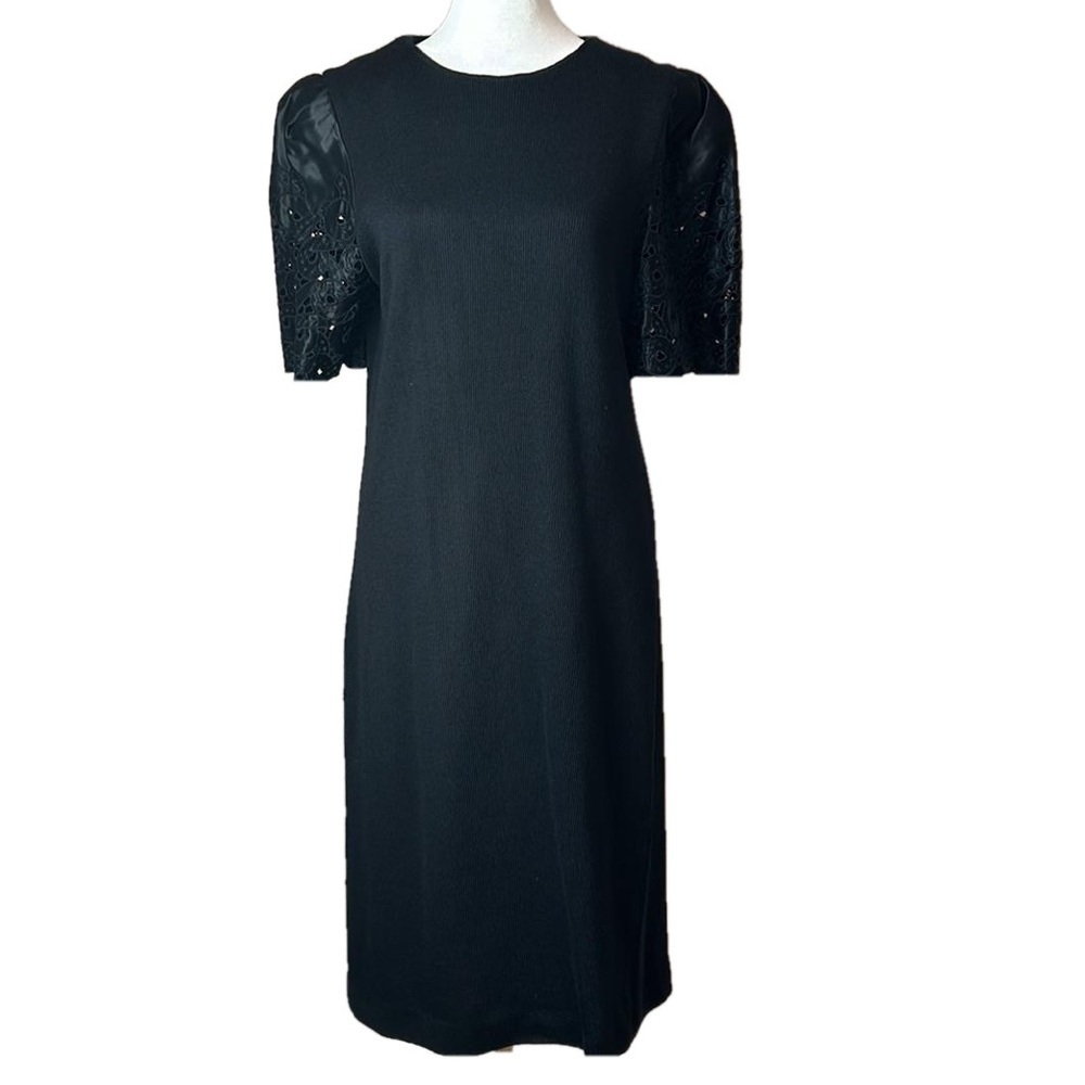 Vintage Leslie Fay Black Knit Sheath Midi Dress Statement Sleeves Medium Large